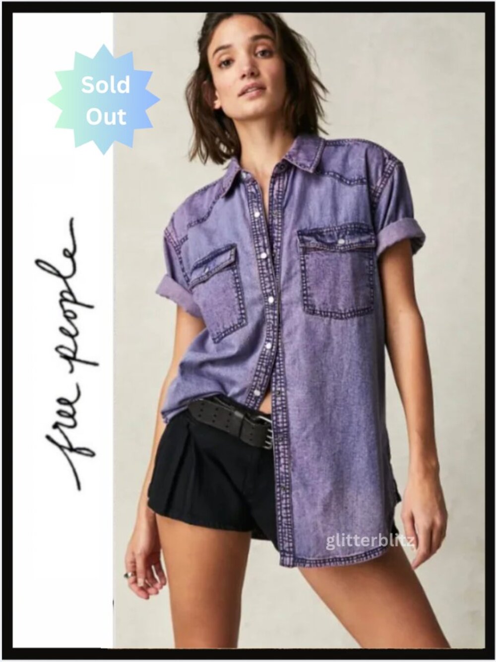 FREE PEOPLE Denim Blue Jean Top - The Short Of It Orchid Overdye - Small